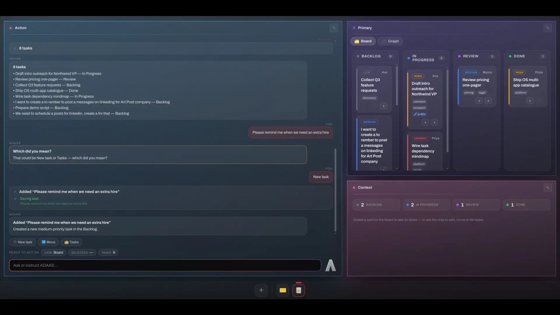 A-OS environment — an AI action panel, a live task board and a shared context panel working together
