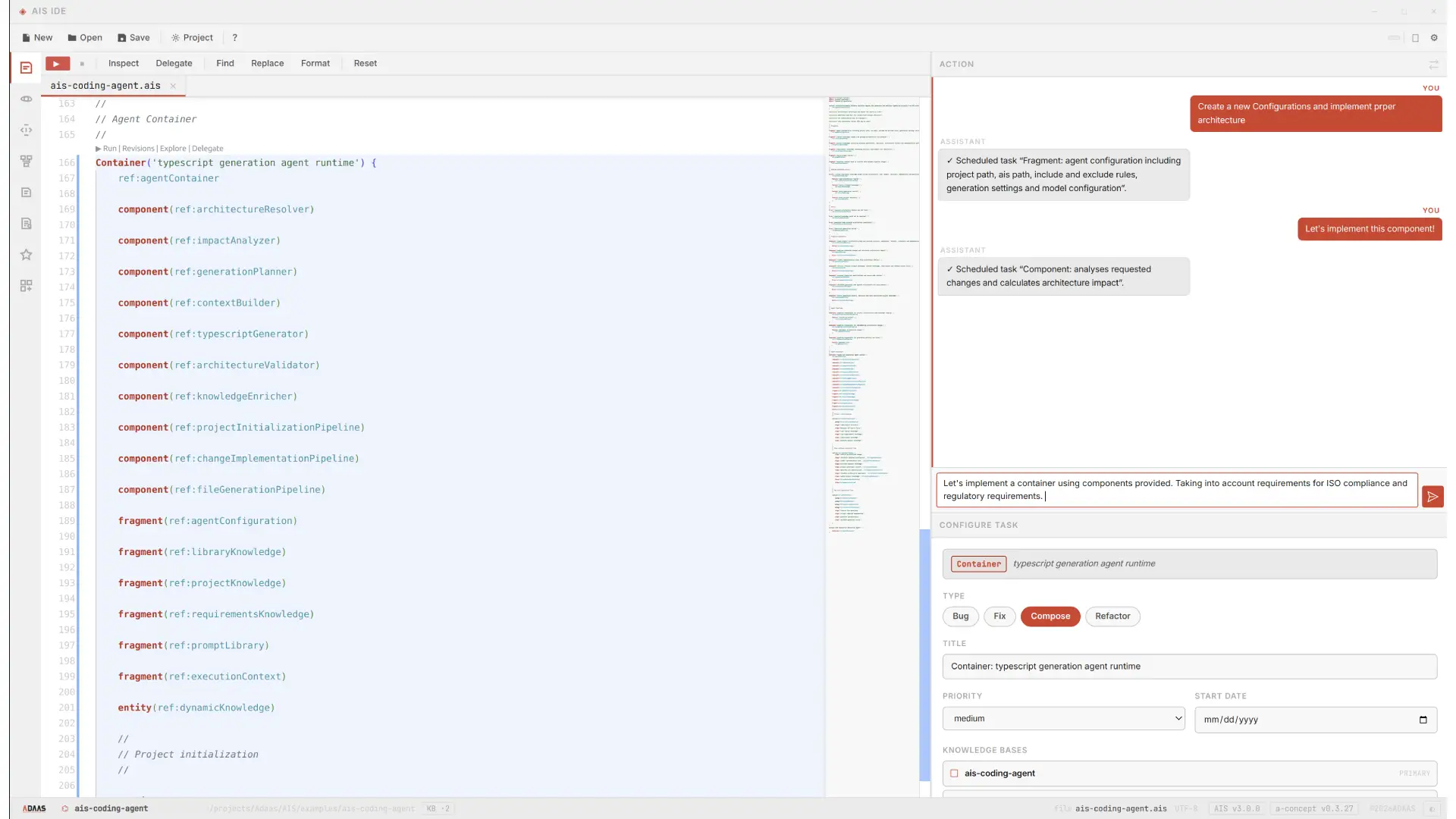 AIS Studio delegating an implementation task to an AI agent, configured as a compose task with knowledge bases