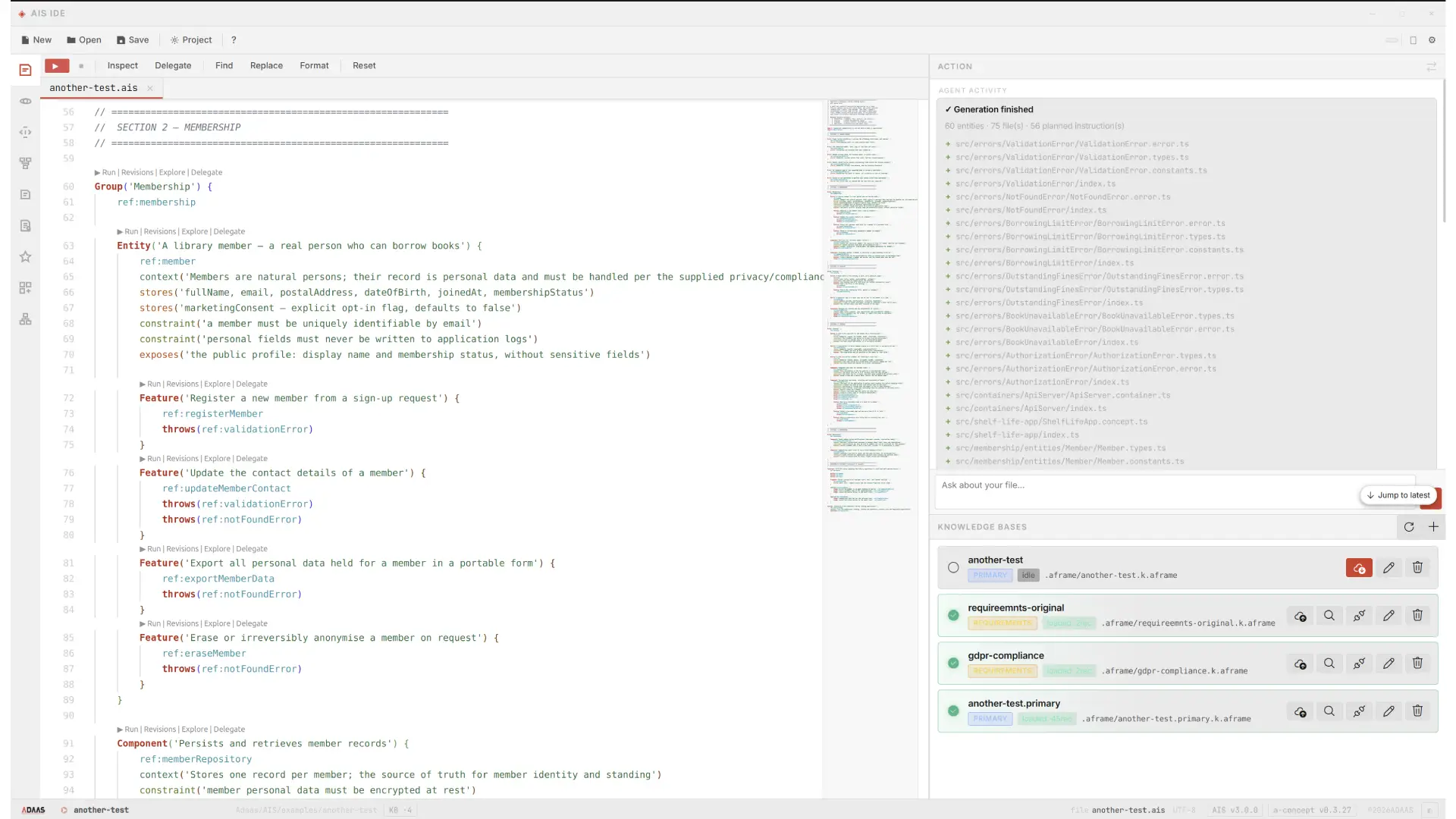 The AIS Studio editor showing an application expressed in AIS with entities, features and components alongside AI activity