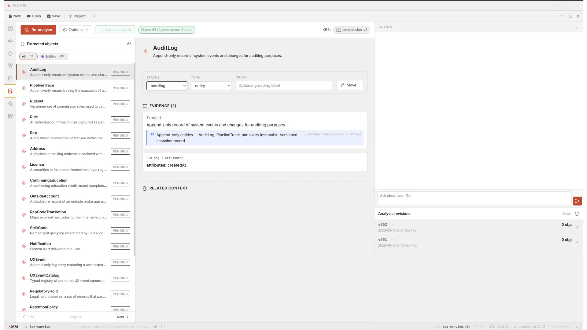AIS Studio analysing requirements and extracting business entities, with evidence linking each object to its source