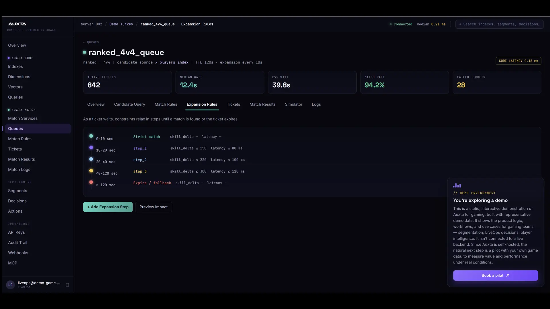 AUXTA live segments with attached decisions and triggered actions